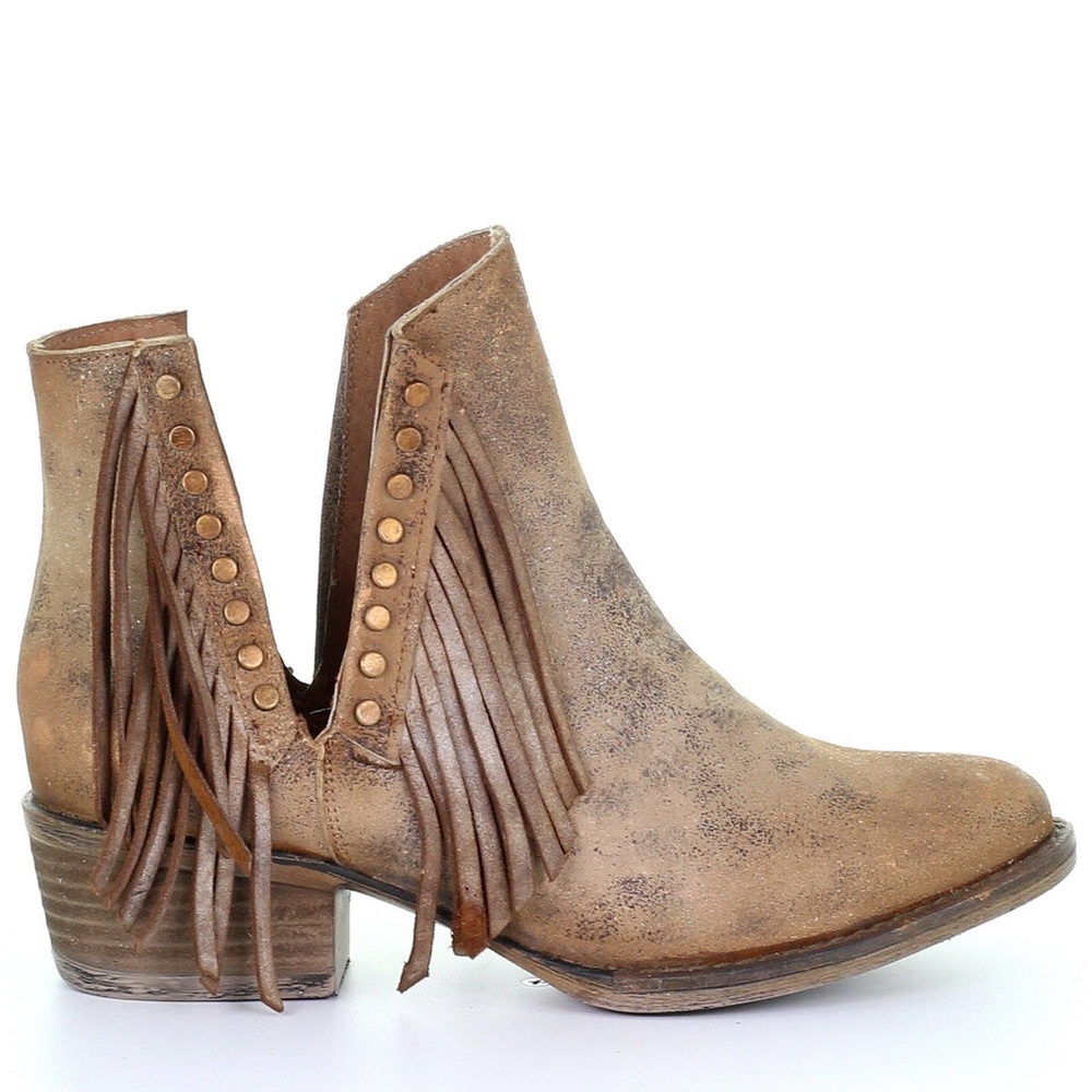 CIRCLE G WOMEN'S BROWN STUDDED FRINGE BOOTIES - ROUND TOE ANKLE BOOTS SZ 7.5